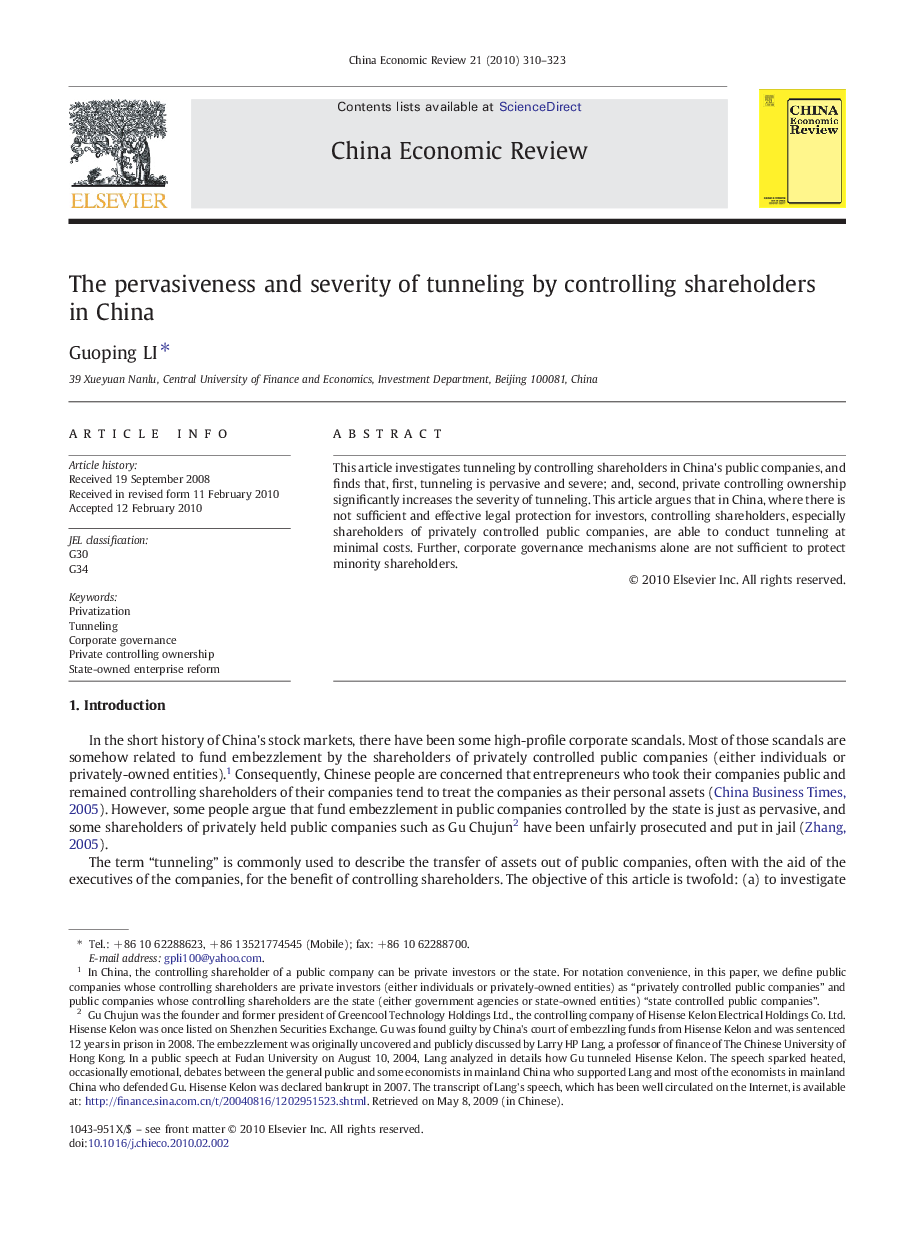 The pervasiveness and severity of tunneling by controlling shareholders in China