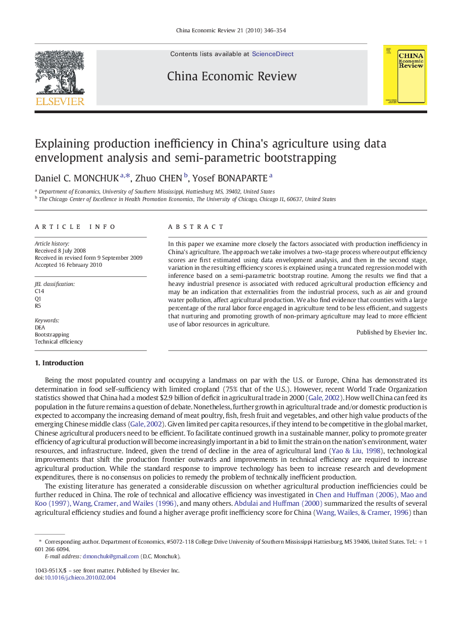 Explaining production inefficiency in China's agriculture using data envelopment analysis and semi-parametric bootstrapping