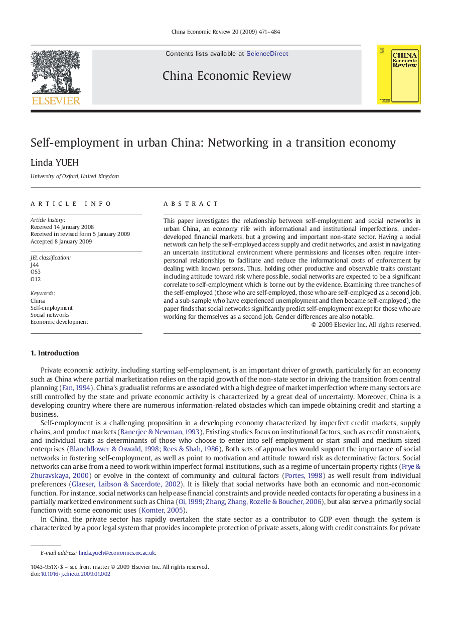 Self-employment in urban China: Networking in a transition economy