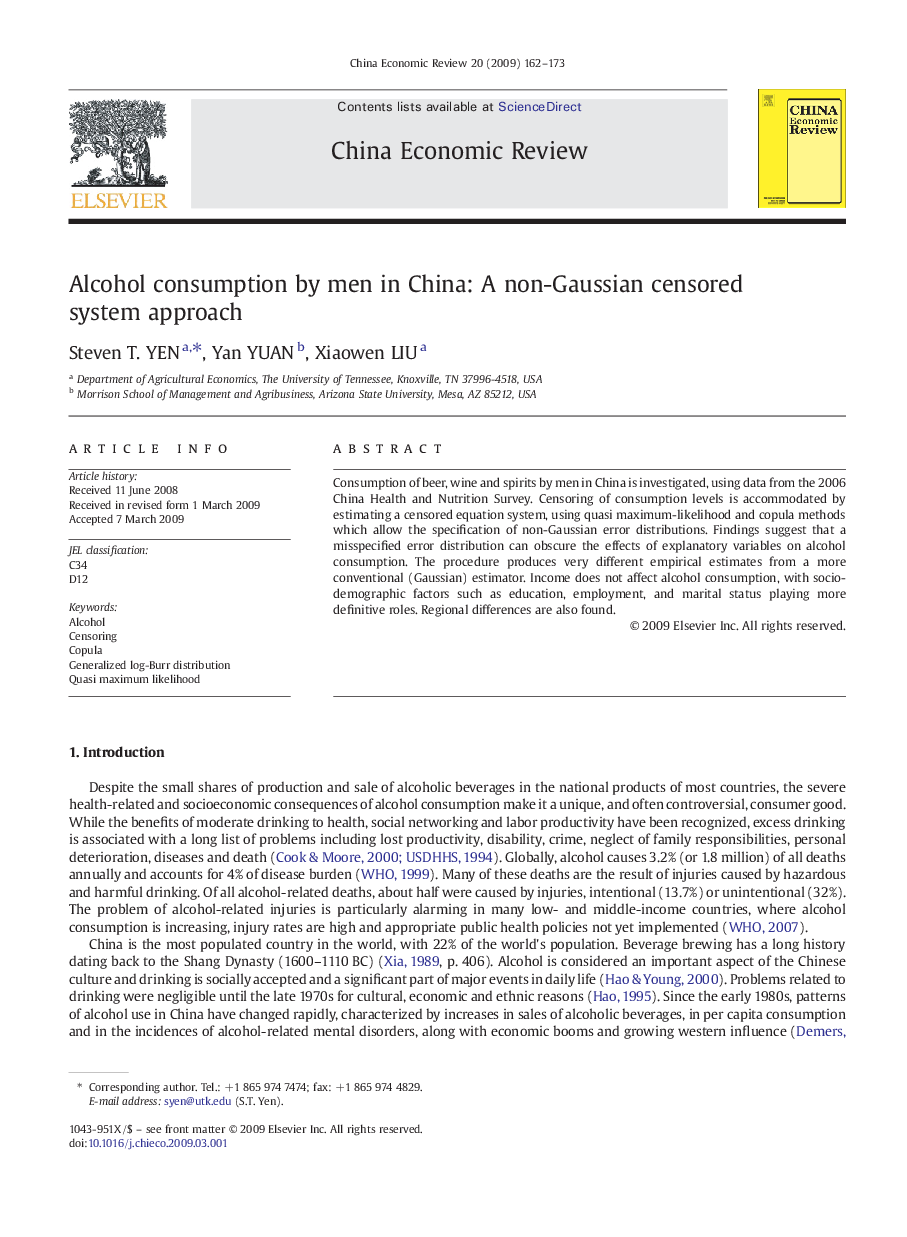 Alcohol consumption by men in China: A non-Gaussian censored system approach