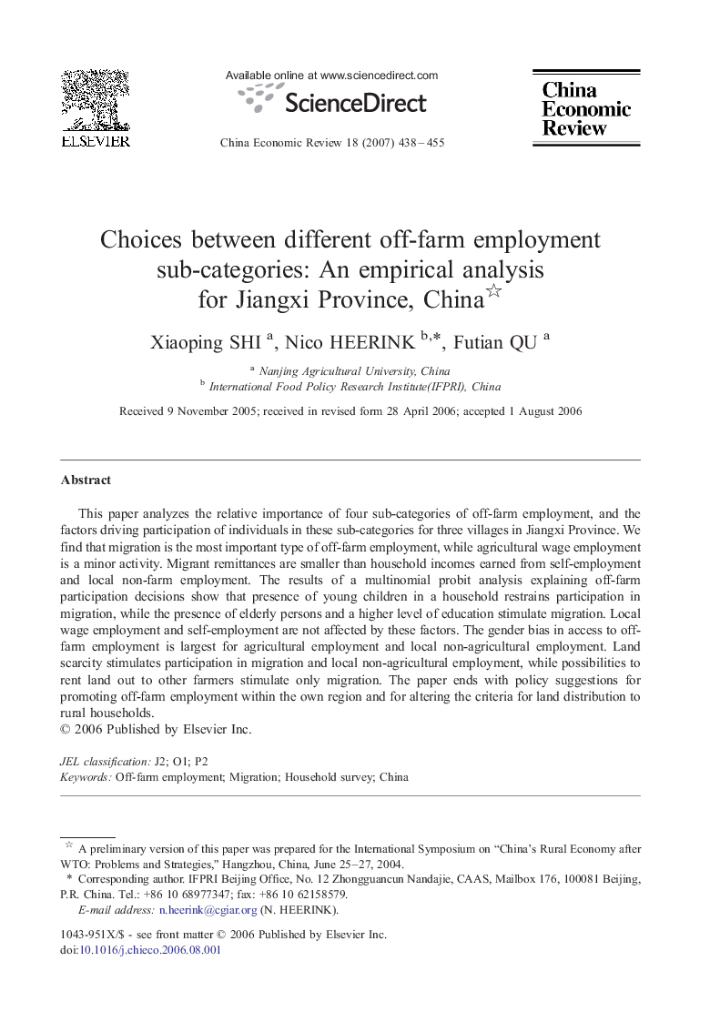 Choices between different off-farm employment sub-categories: An empirical analysis for Jiangxi Province, China