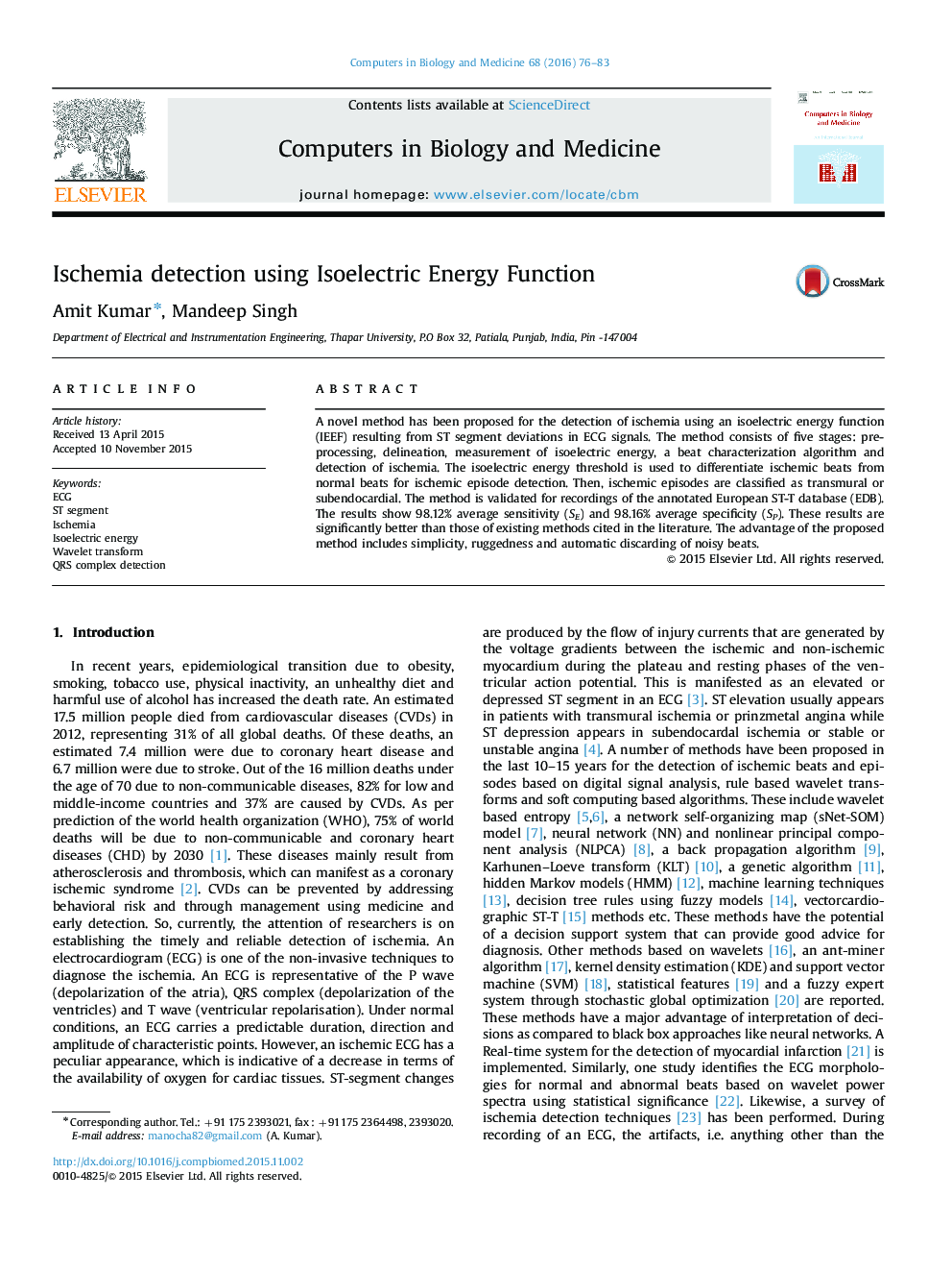 Ischemia detection using Isoelectric Energy Function