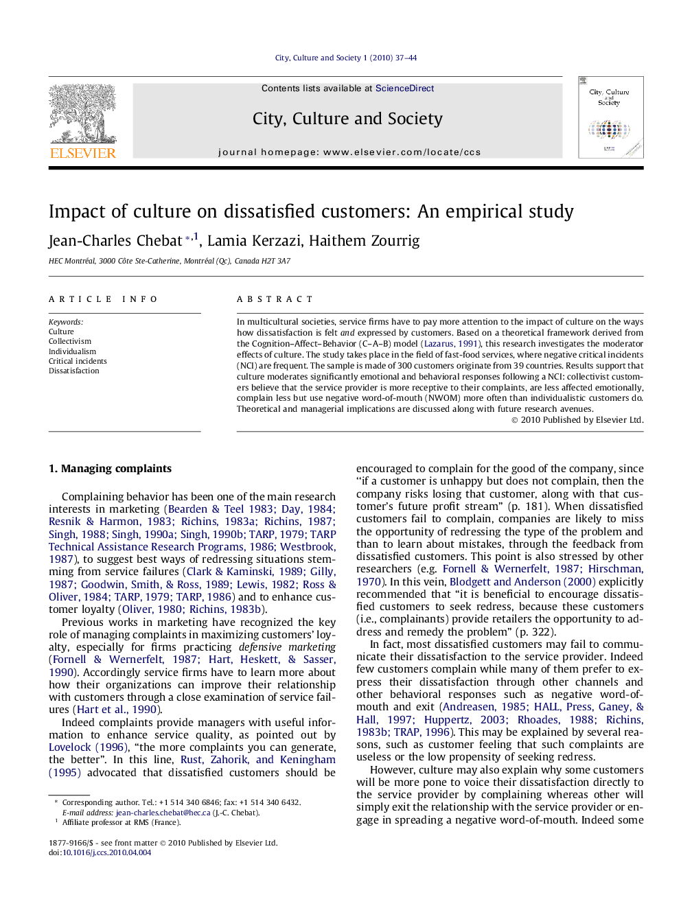 Impact of culture on dissatisfied customers: An empirical study