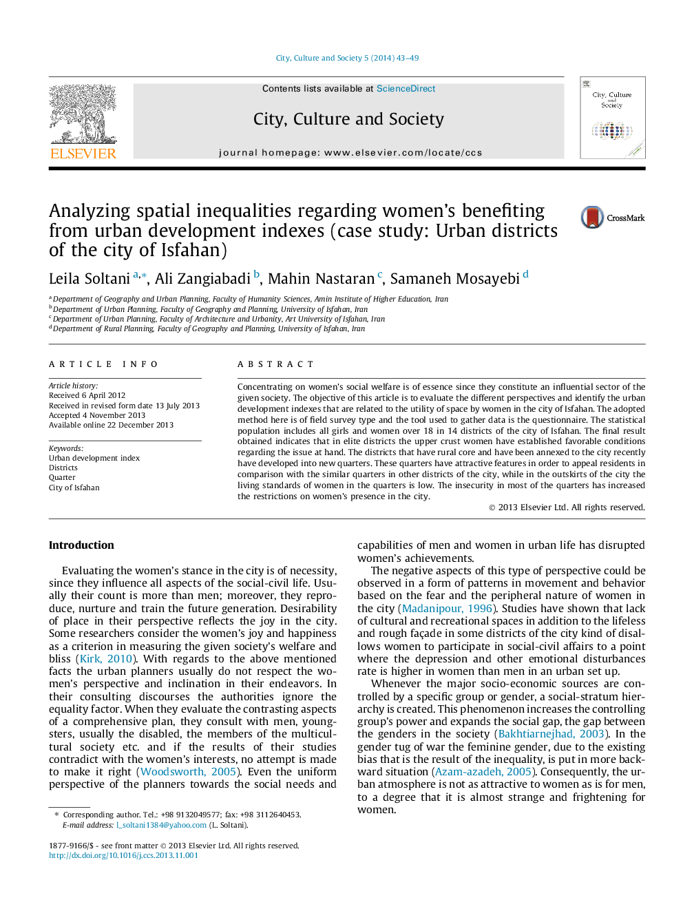 Analyzing spatial inequalities regarding women's benefiting from urban development indexes (case study: Urban districts of the city of Isfahan)