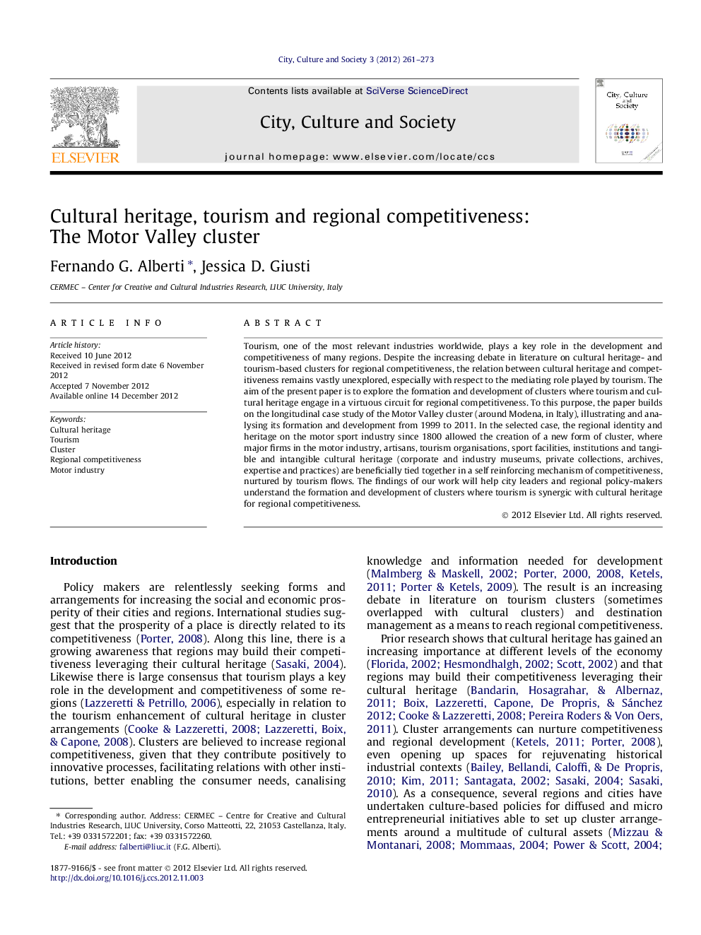 Cultural heritage, tourism and regional competitiveness: The Motor Valley cluster