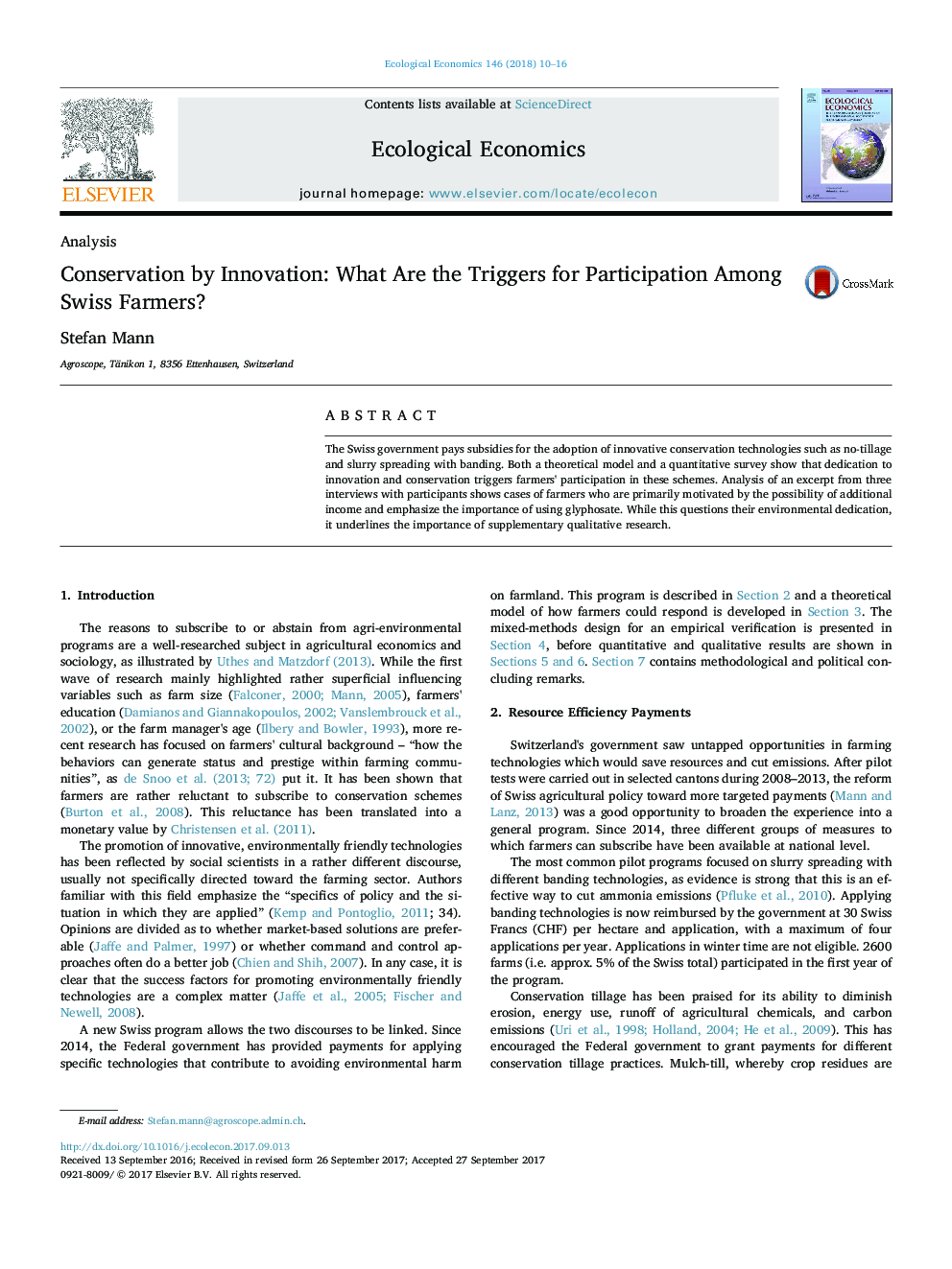 Conservation by Innovation: What Are the Triggers for Participation Among Swiss Farmers?