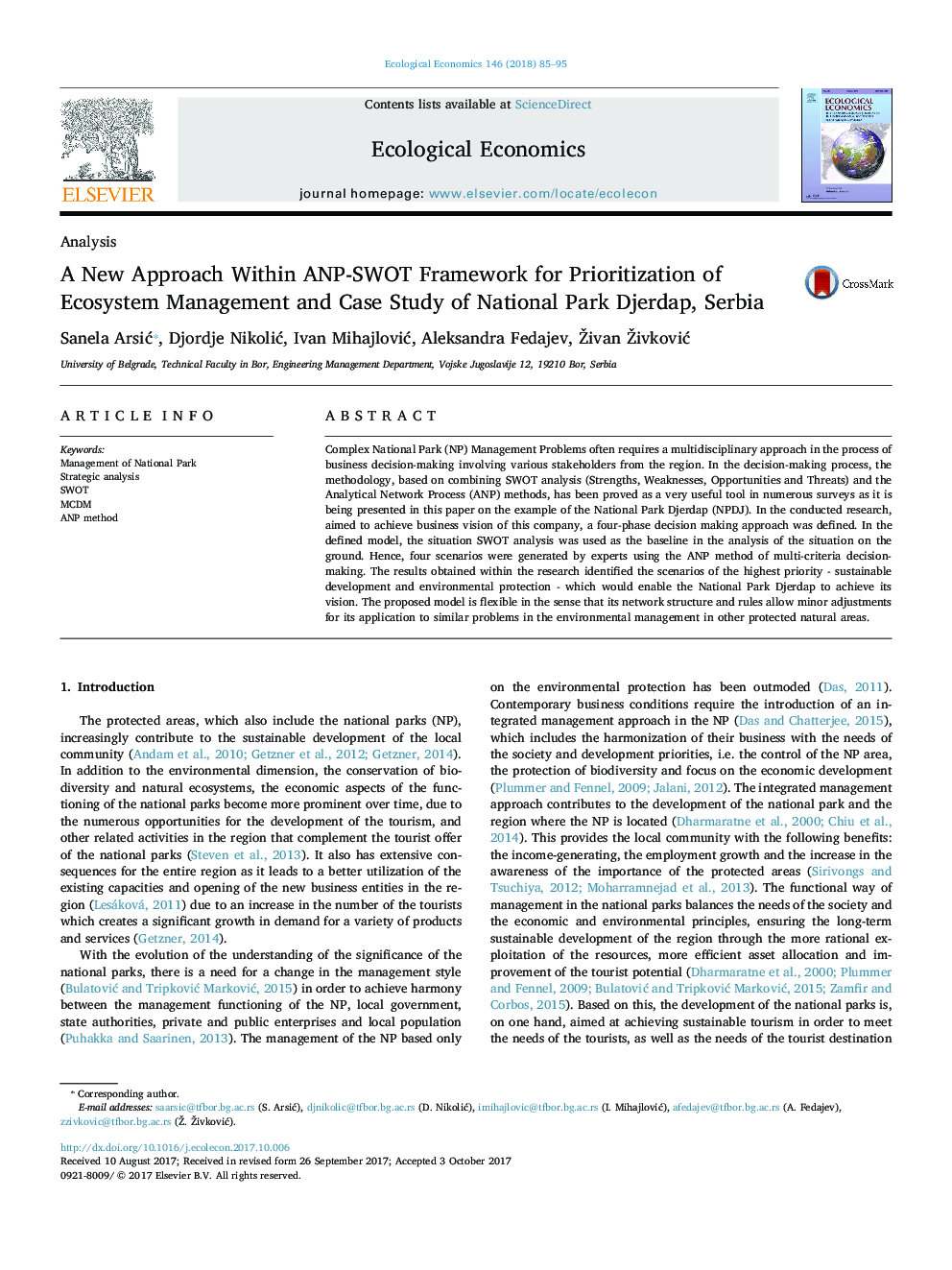 A New Approach Within ANP-SWOT Framework for Prioritization of Ecosystem Management and Case Study of National Park Djerdap, Serbia