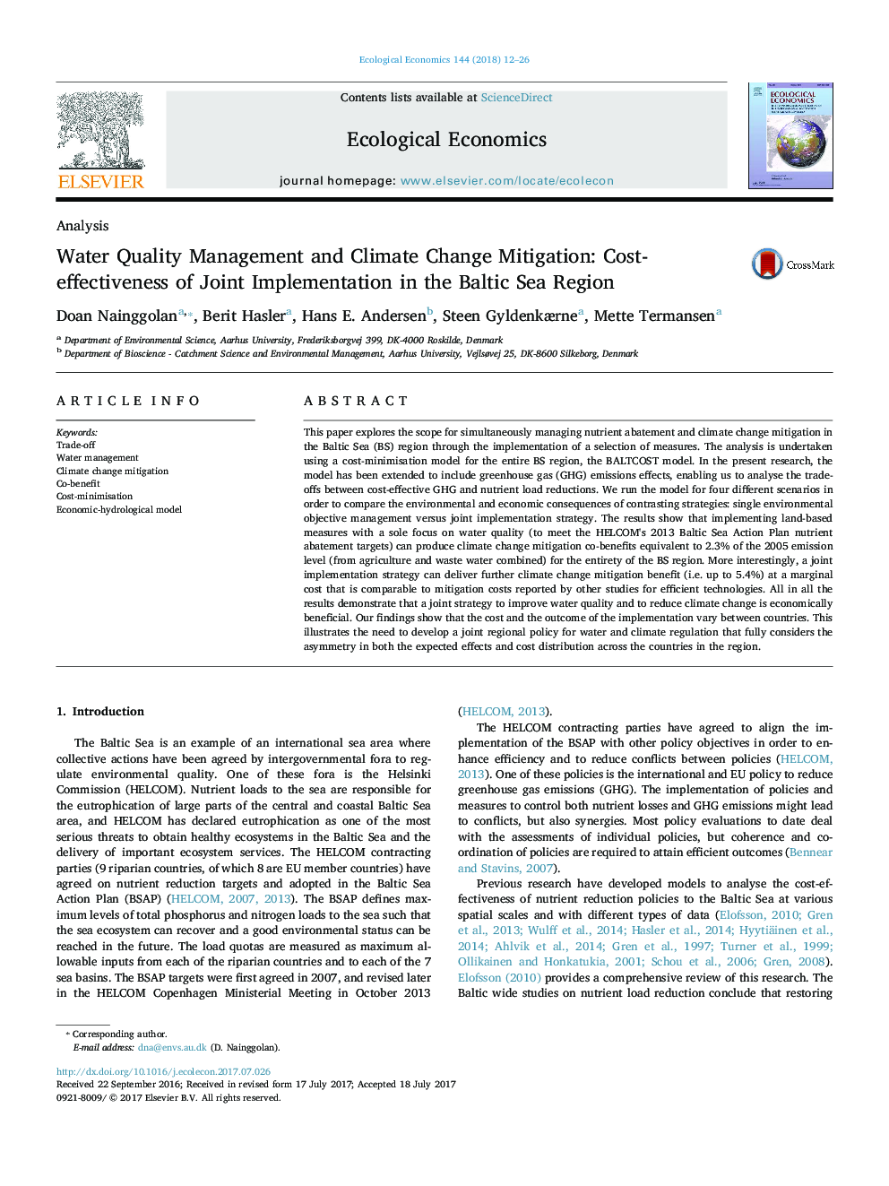 مدیریت کیفیت آب و کاهش تغییرات اقلیمی: هزینه-اثربخشی اجرای مشترک در منطقه دریای بالتیک
