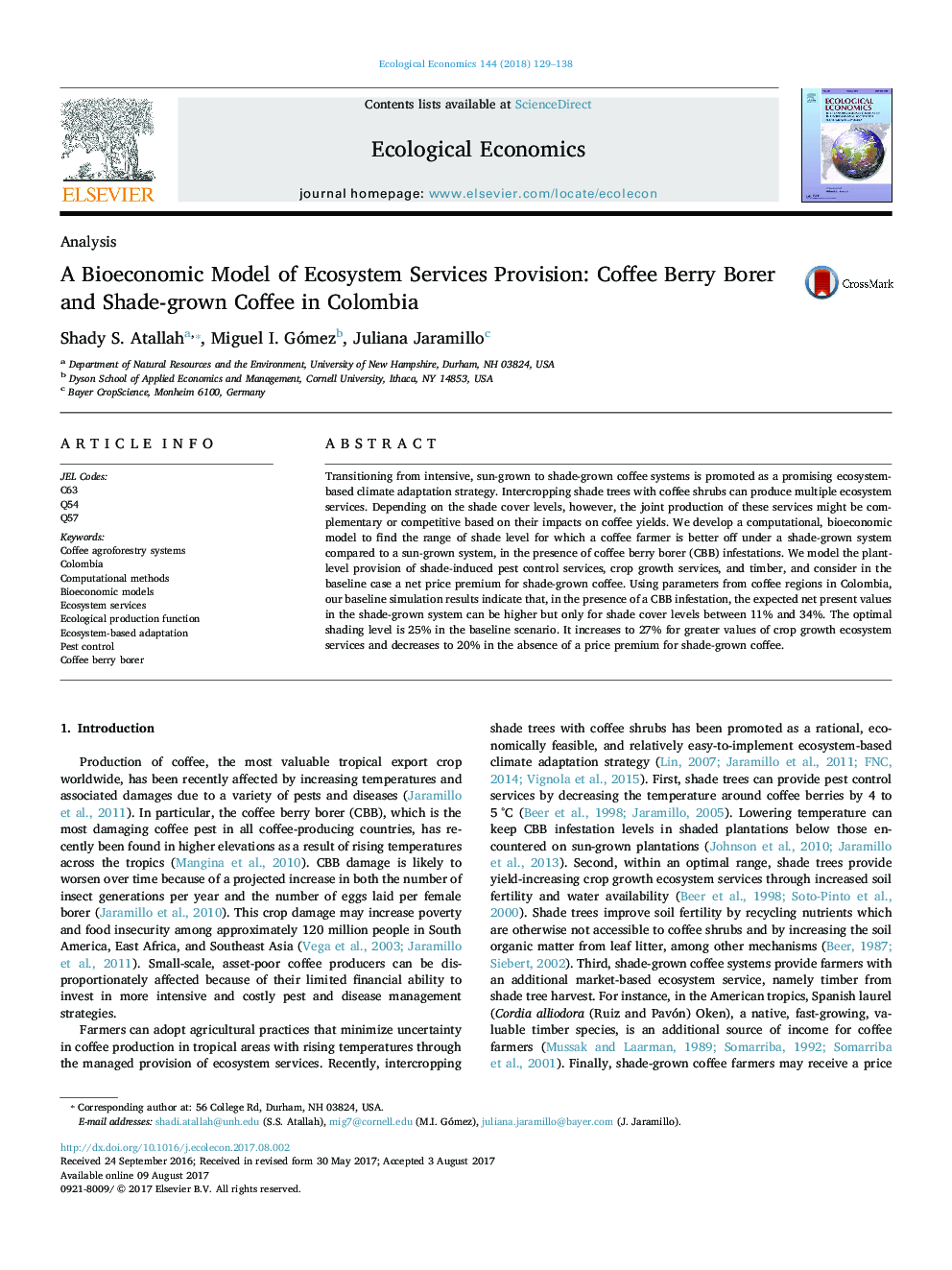 یک مدل بی بیوژیک ارائه خدمات خدمات اکوسیستم: قهوه بری قهوه و قهوه شاد در کلمبیا