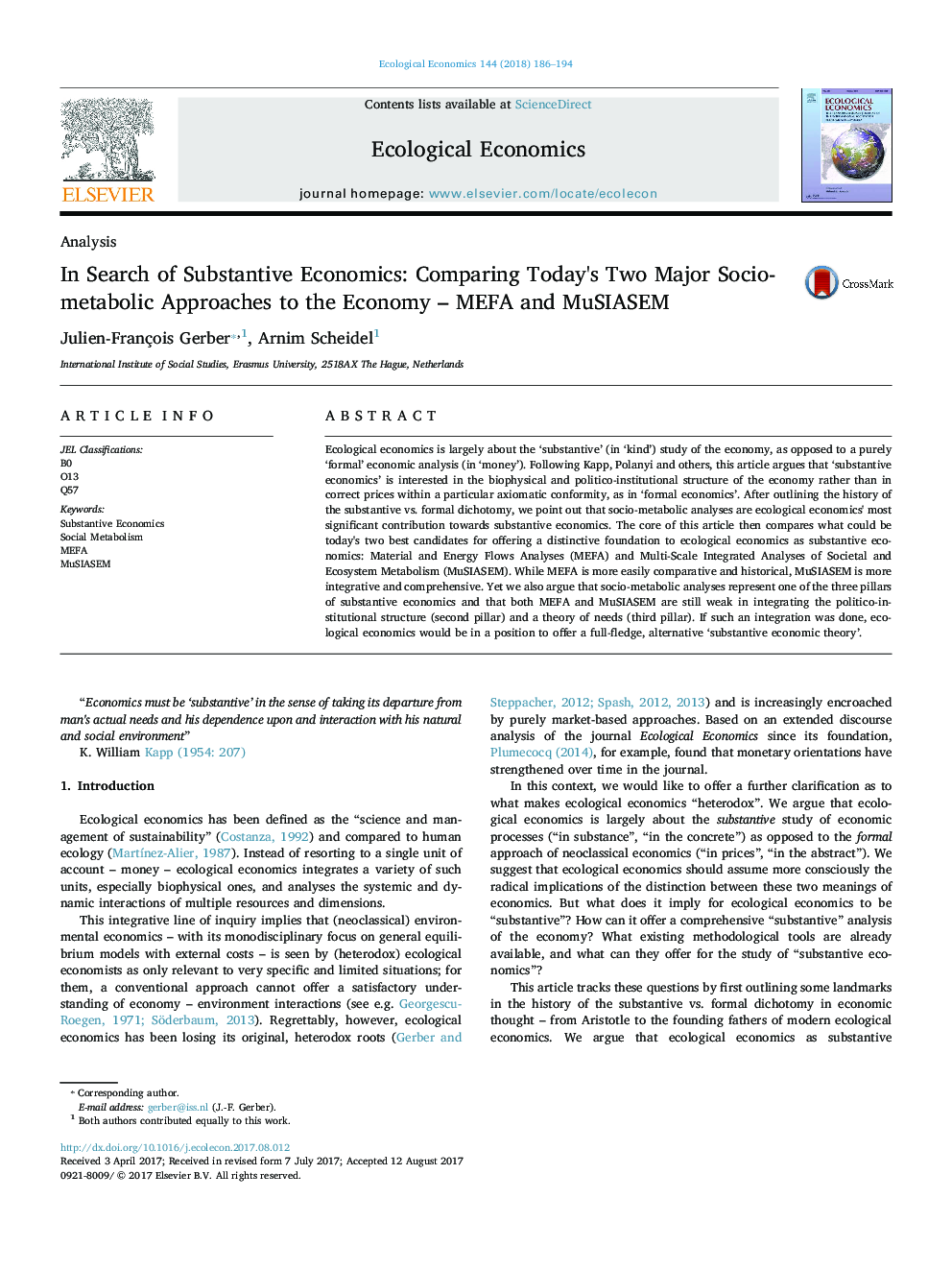 In Search of Substantive Economics: Comparing Today's Two Major Socio-metabolic Approaches to the Economy - MEFA and MuSIASEM