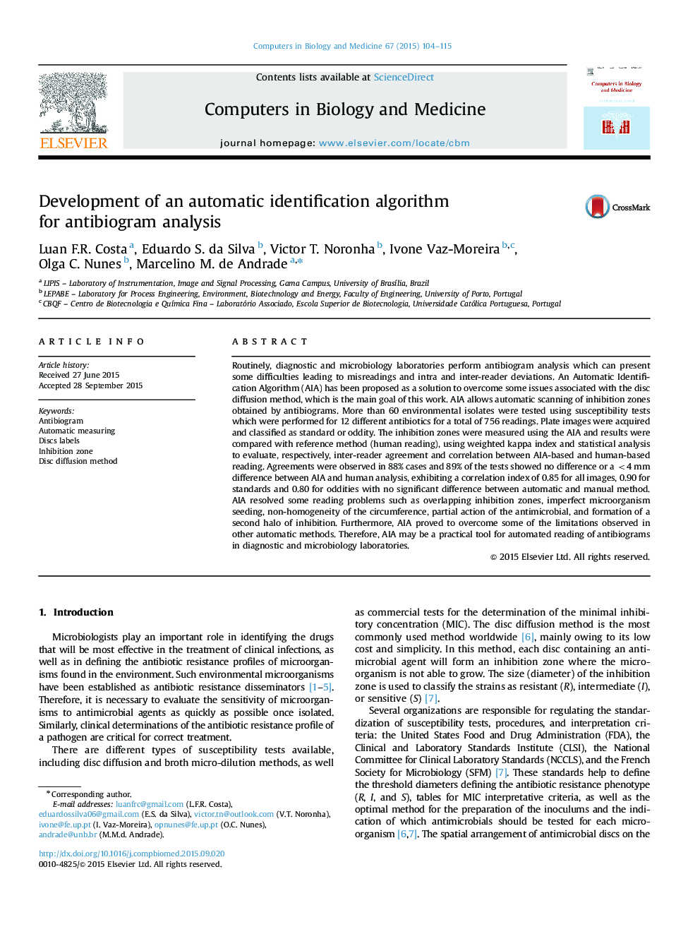 Development of an automatic identification algorithm for antibiogram analysis