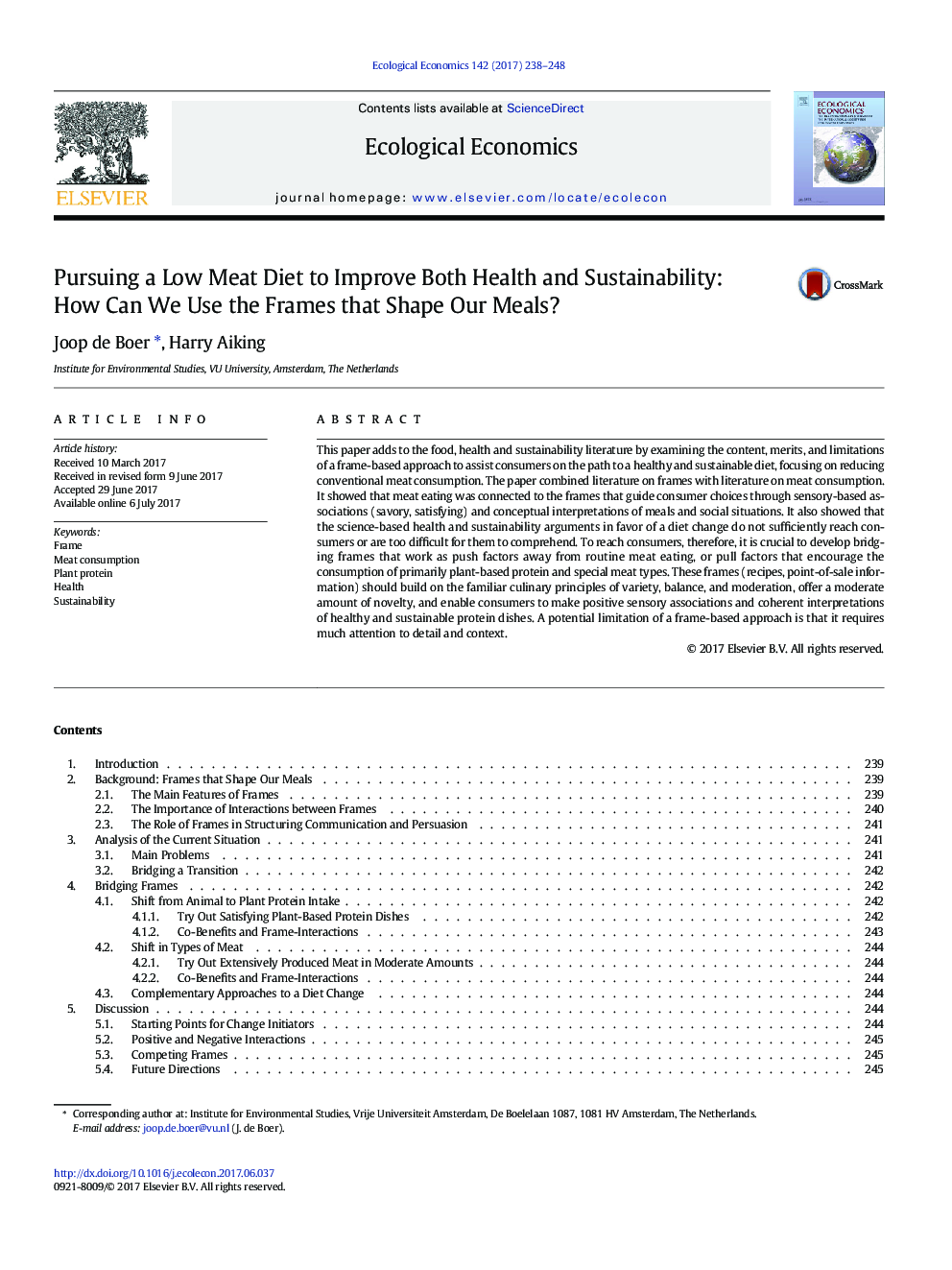 Pursuing a Low Meat Diet to Improve Both Health and Sustainability: How Can We Use the Frames that Shape Our Meals?