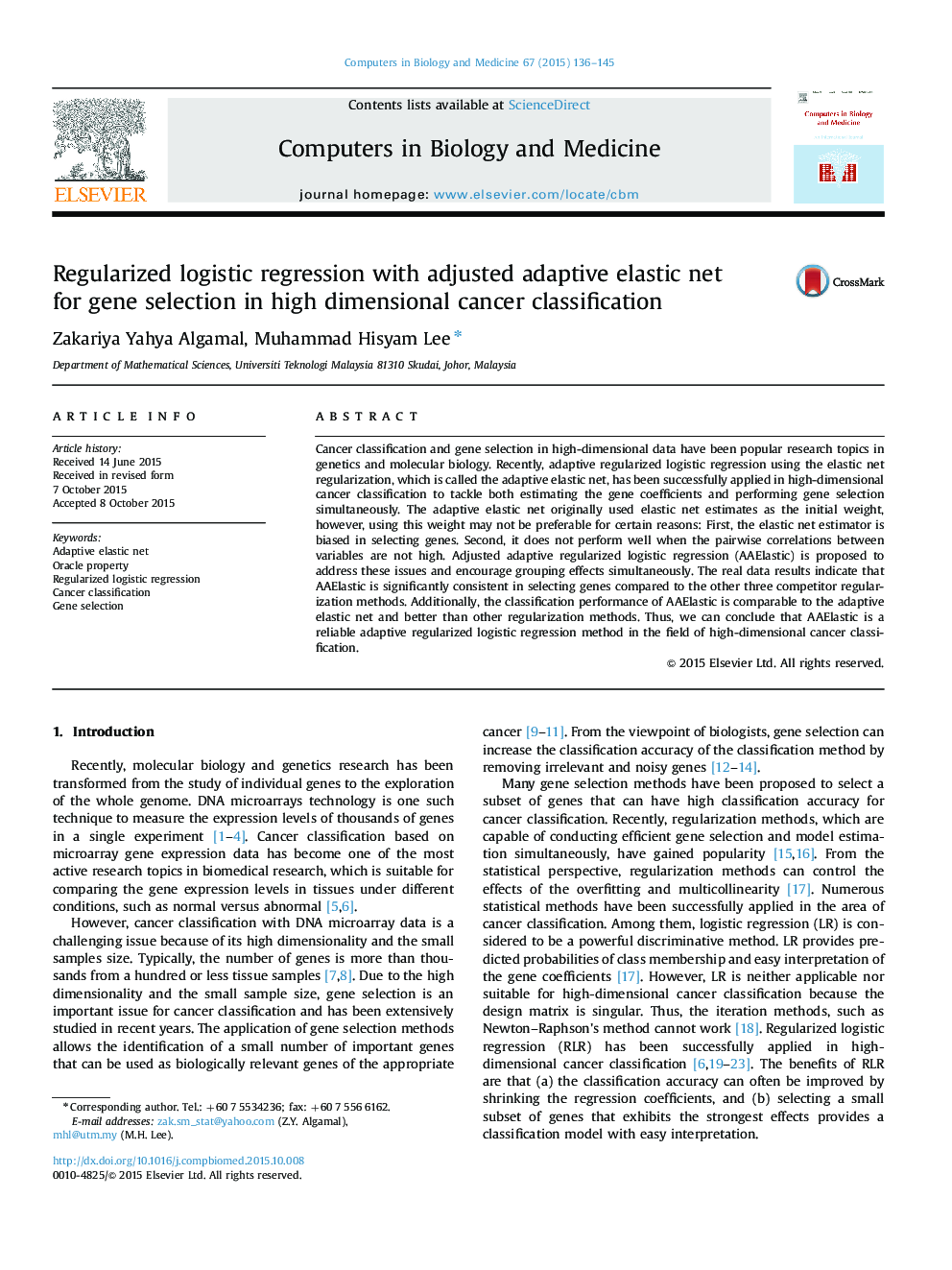 Regularized logistic regression with adjusted adaptive elastic net for gene selection in high dimensional cancer classification