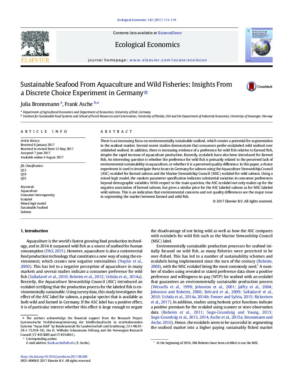 Sustainable Seafood From Aquaculture and Wild Fisheries: Insights From a Discrete Choice Experiment in Germany