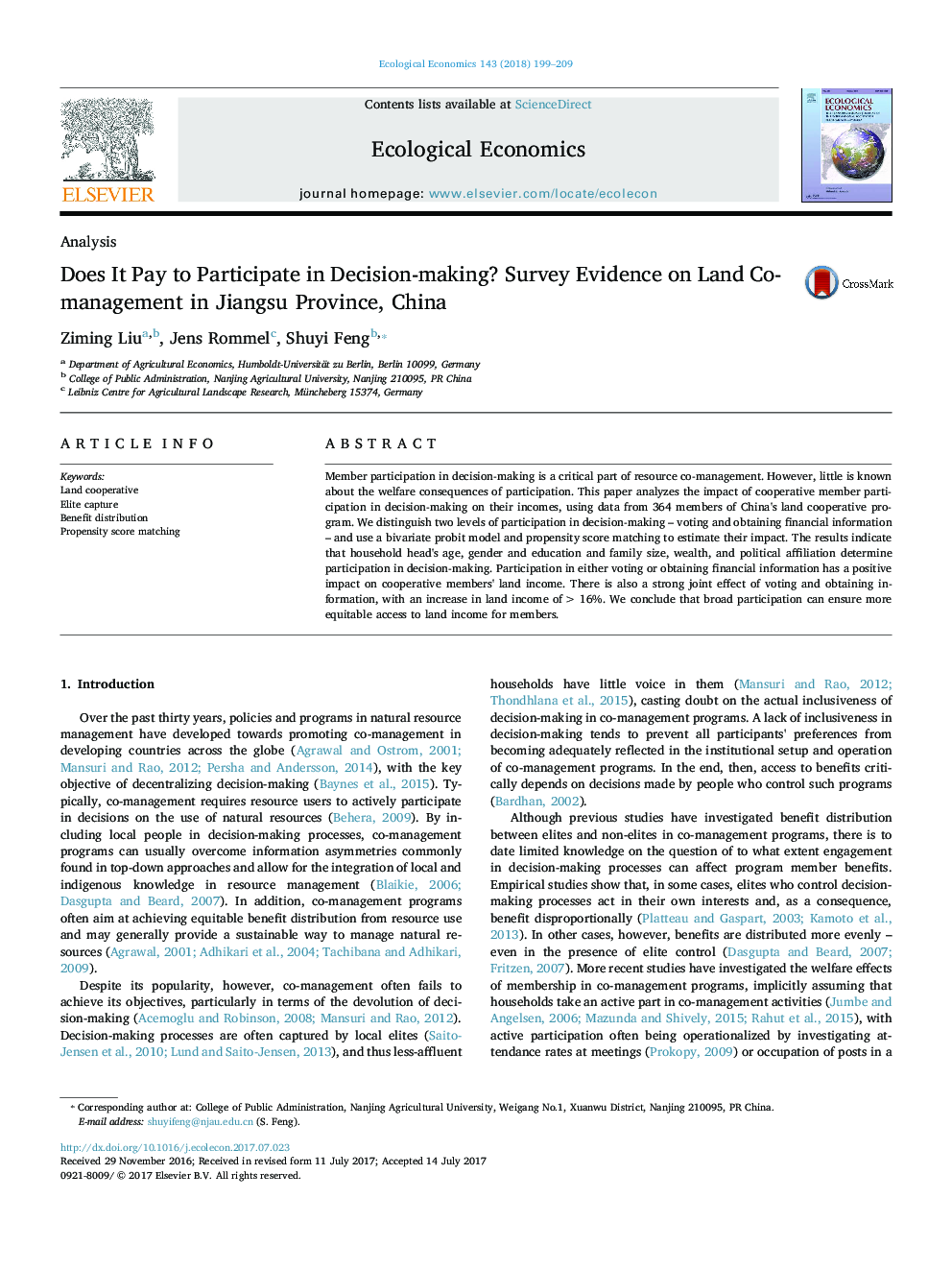 Does It Pay to Participate in Decision-making? Survey Evidence on Land Co-management in Jiangsu Province, China