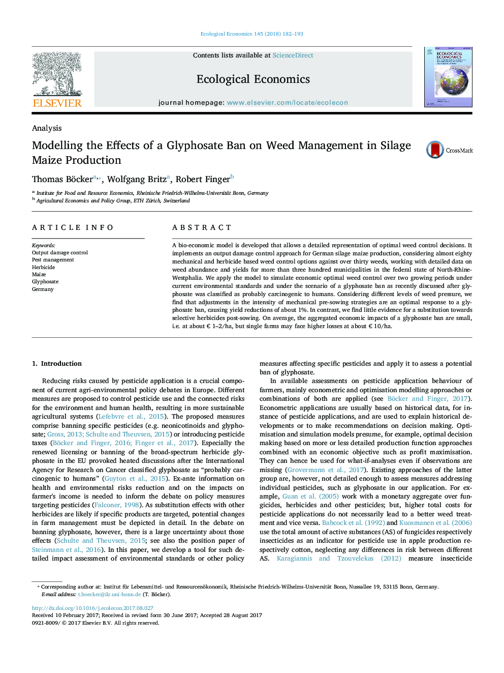 Modelling the Effects of a Glyphosate Ban on Weed Management in Silage Maize Production