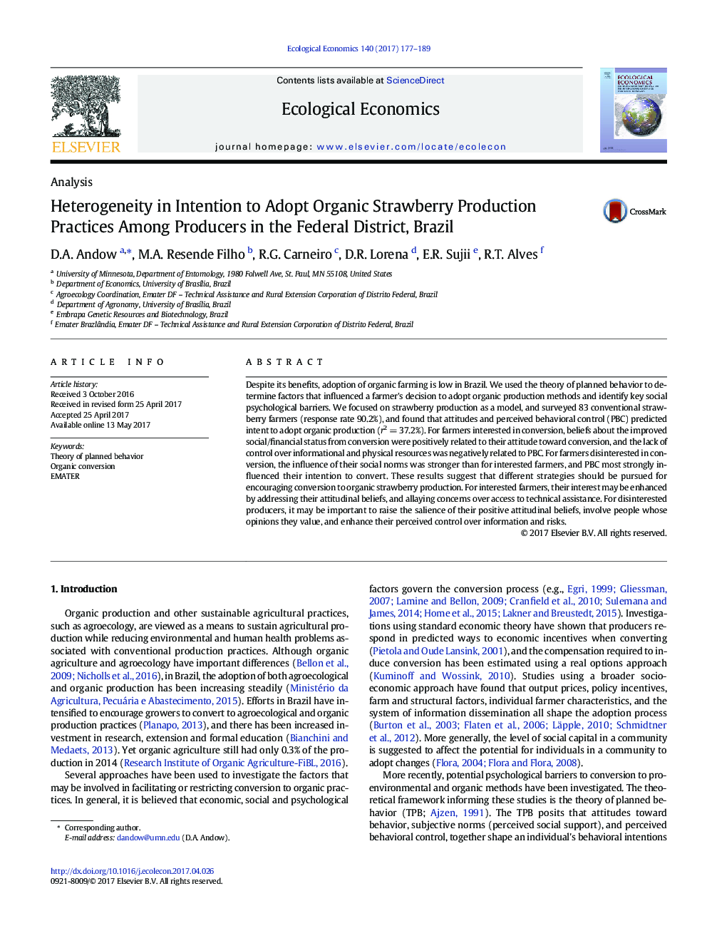 Heterogeneity in Intention to Adopt Organic Strawberry Production Practices Among Producers in the Federal District, Brazil