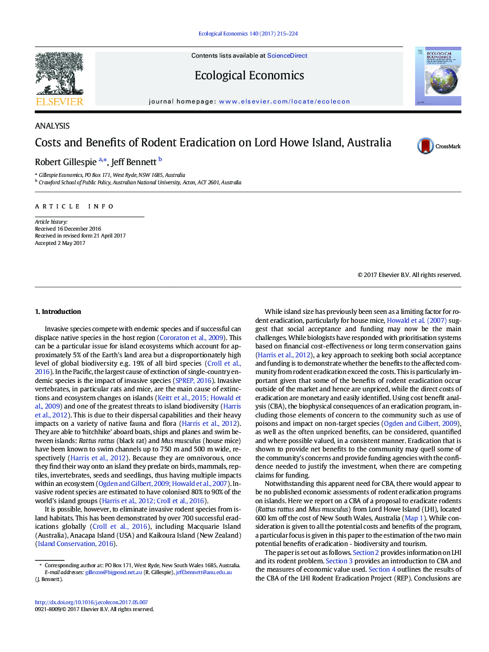 Costs and Benefits of Rodent Eradication on Lord Howe Island, Australia