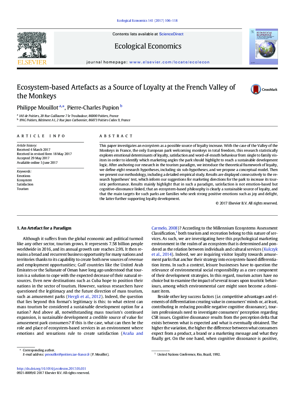 Ecosystem-based Artefacts as a Source of Loyalty at the French Valley of the Monkeys