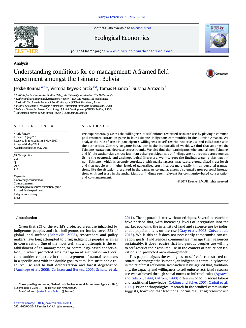 Understanding conditions for co-management: A framed field experiment amongst the Tsimane', Bolivia