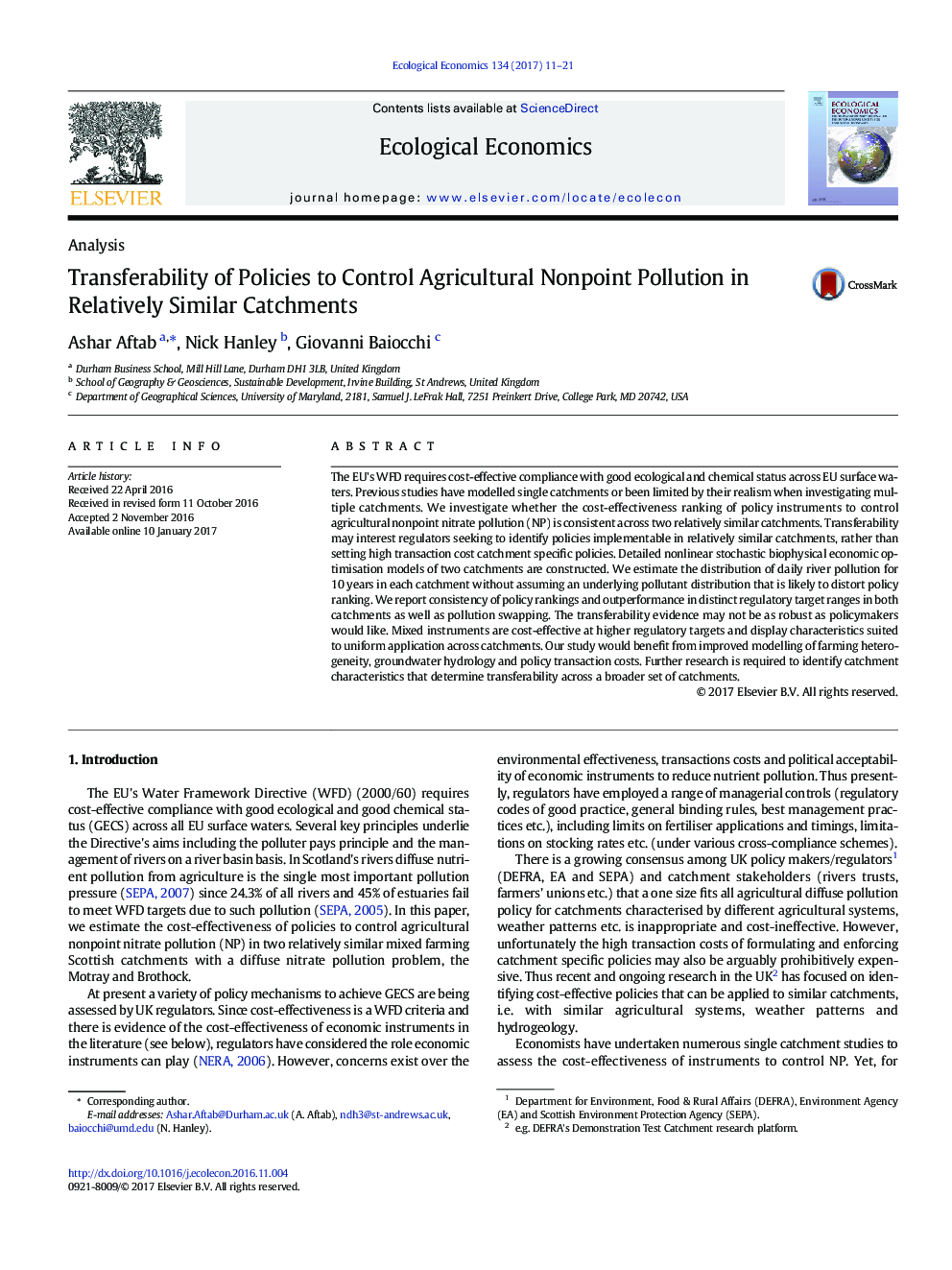 Transferability of Policies to Control Agricultural Nonpoint Pollution in Relatively Similar Catchments