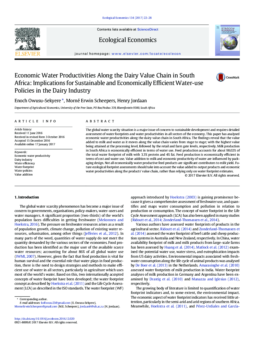 Economic Water Productivities Along the Dairy Value Chain in South Africa: Implications for Sustainable and Economically Efficient Water-use Policies in the Dairy Industry