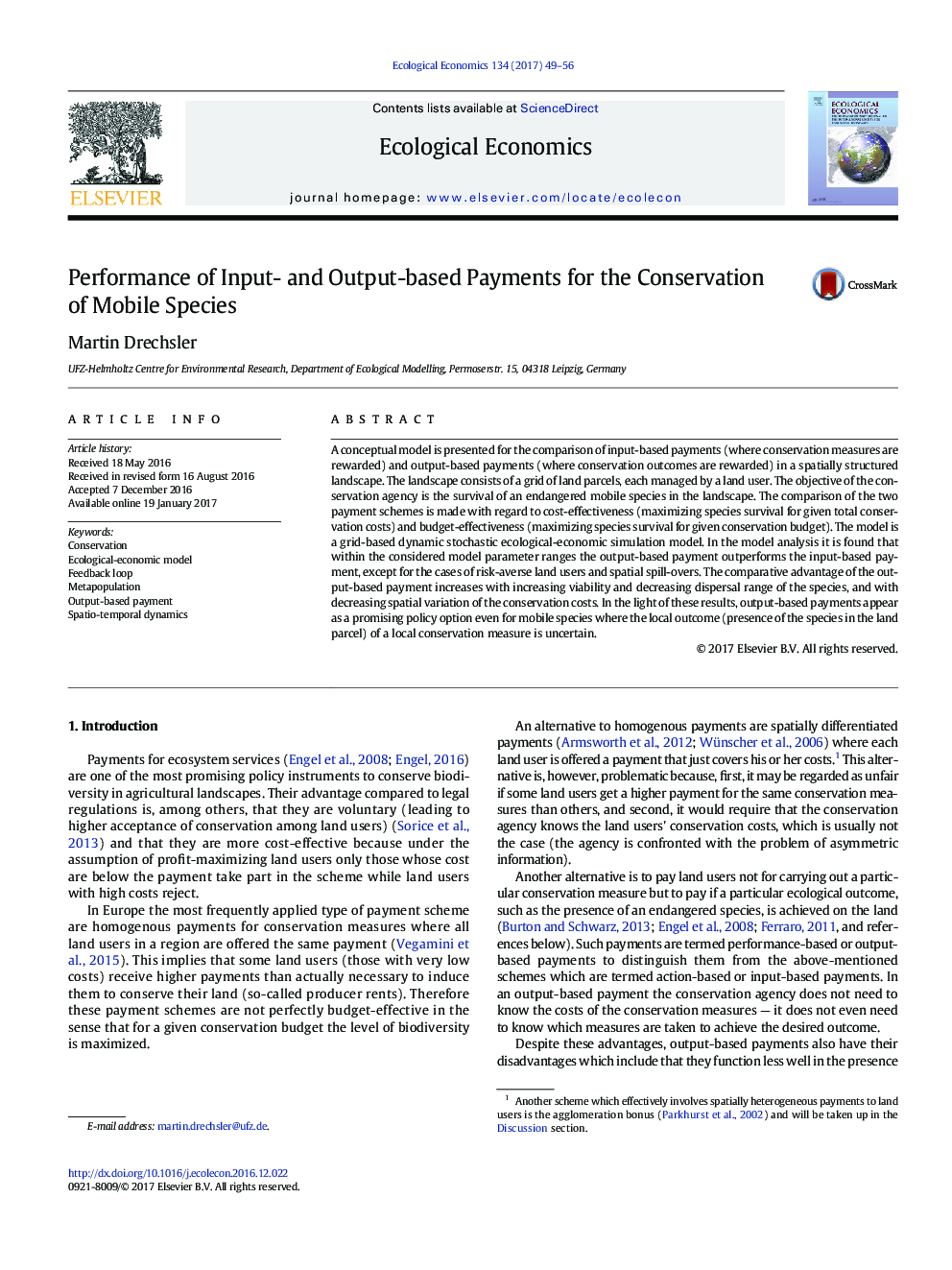 Performance of Input- and Output-based Payments for the Conservation of Mobile Species