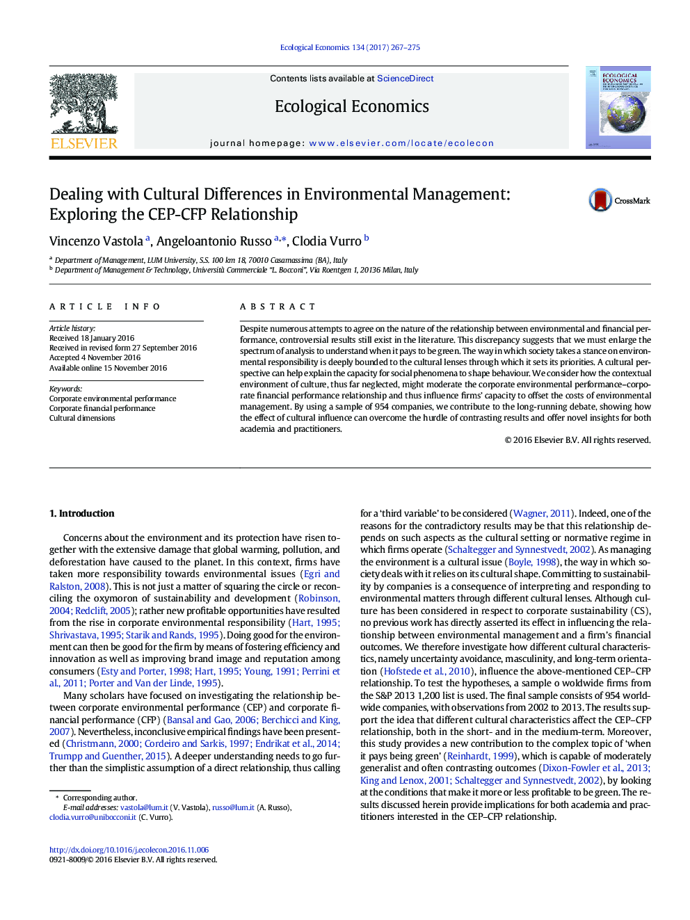 Dealing with Cultural Differences in Environmental Management: Exploring the CEP-CFP Relationship