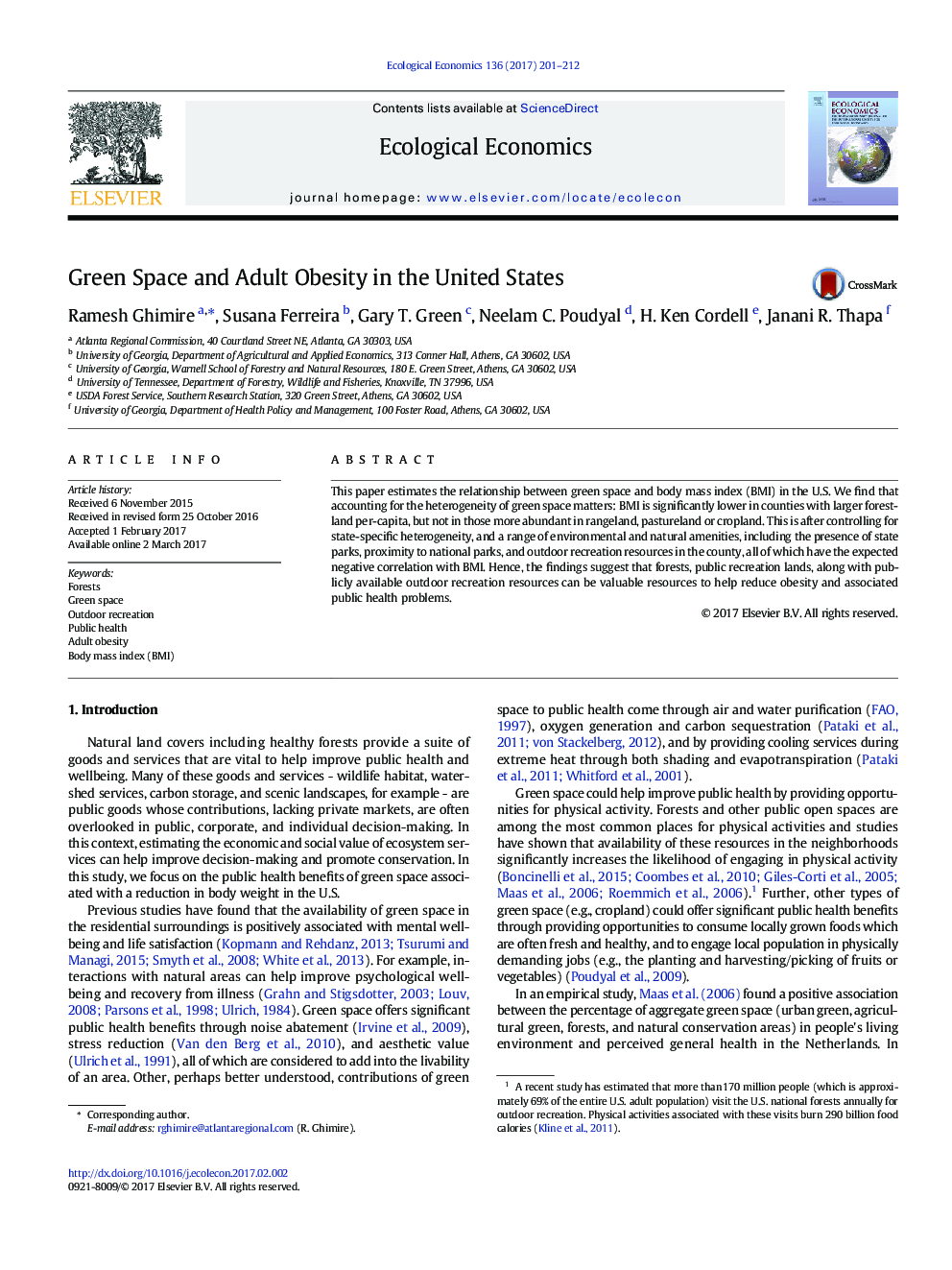 Green Space and Adult Obesity in the United States