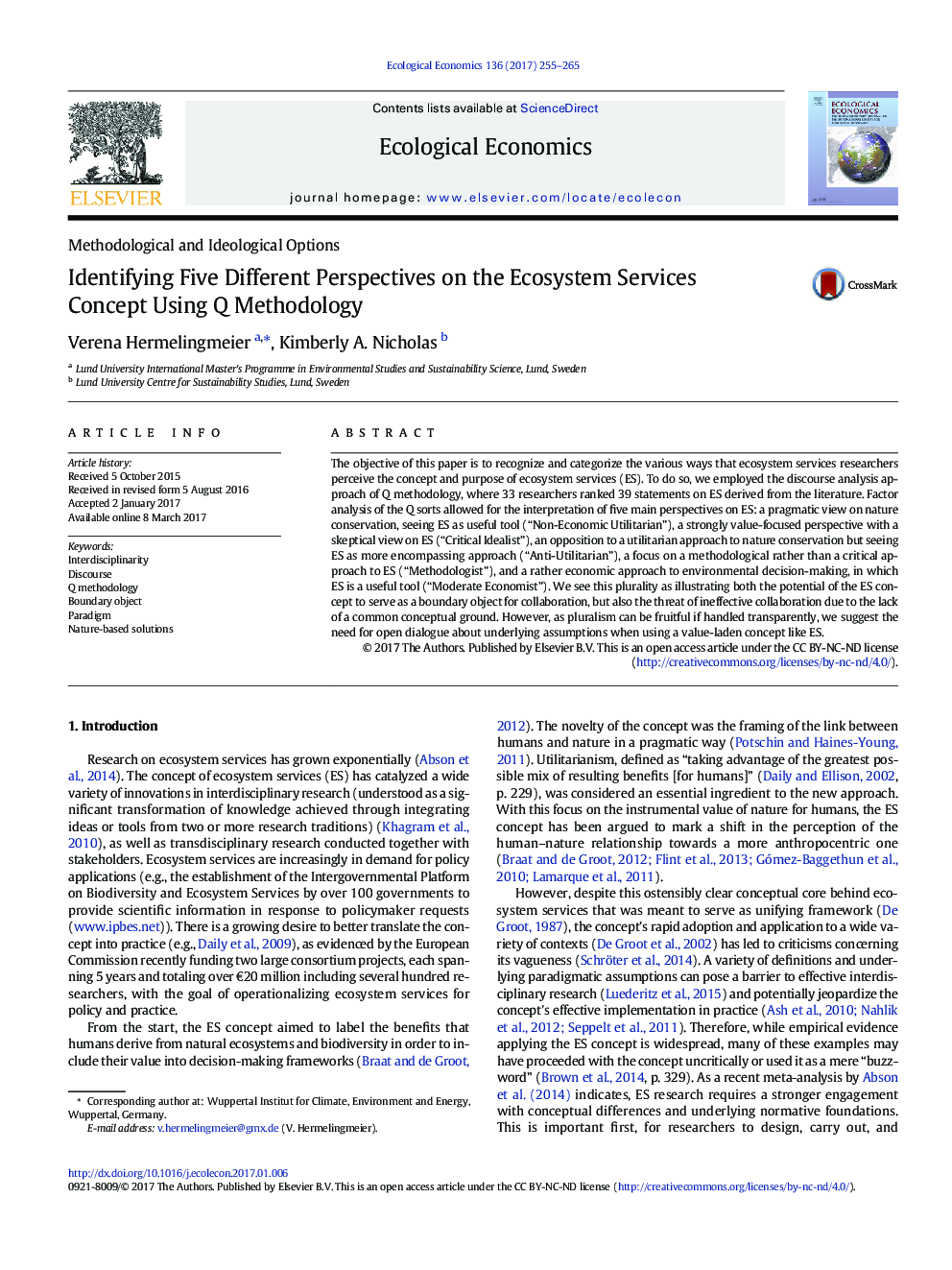 Identifying Five Different Perspectives on the Ecosystem Services Concept Using Q Methodology