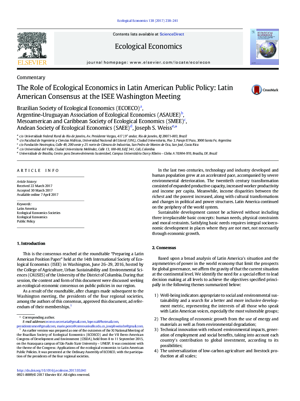 The Role of Ecological Economics in Latin American Public Policy: Latin American Consensus at the ISEE Washington Meeting