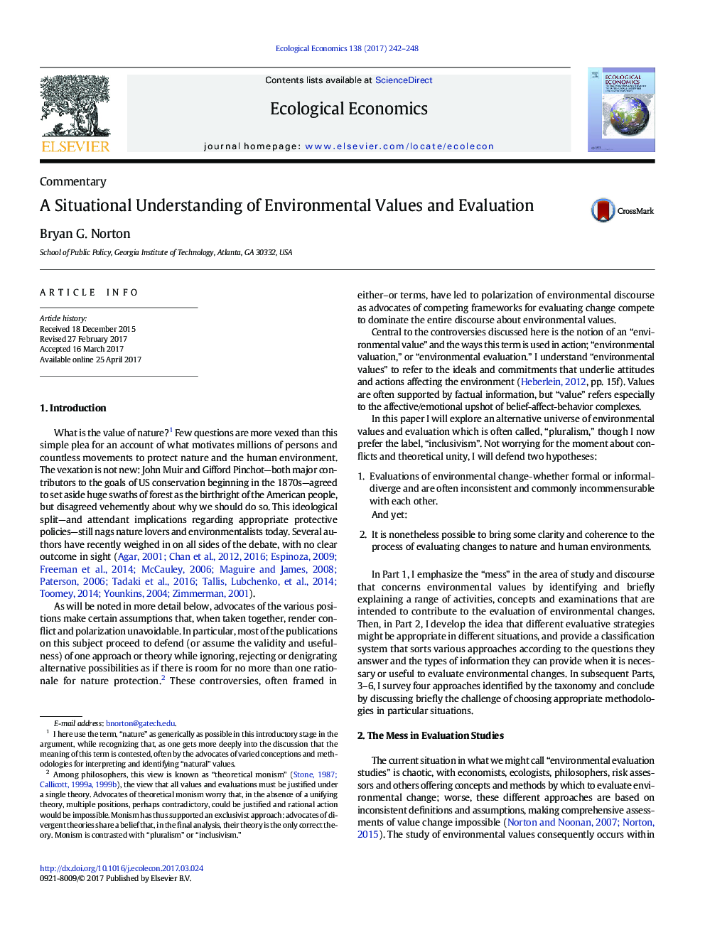 A Situational Understanding of Environmental Values and Evaluation