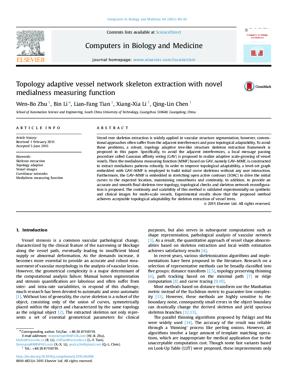 Topology adaptive vessel network skeleton extraction with novel medialness measuring function