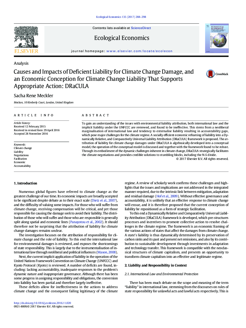 Causes and Impacts of Deficient Liability for Climate Change Damage, and an Economic Conception for Climate Change Liability That Supports Appropriate Action: DRaCULA