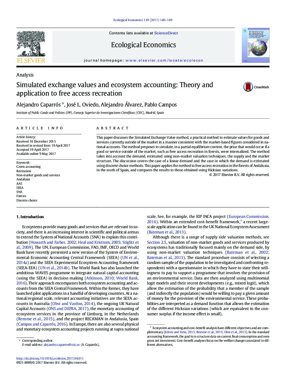 Simulated exchange values and ecosystem accounting: Theory and application to free access recreation