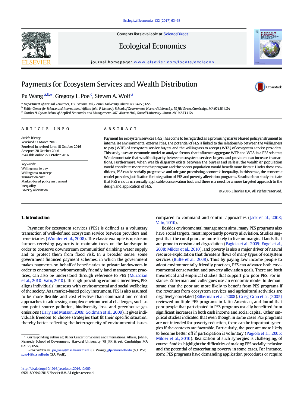 Payments for Ecosystem Services and Wealth Distribution