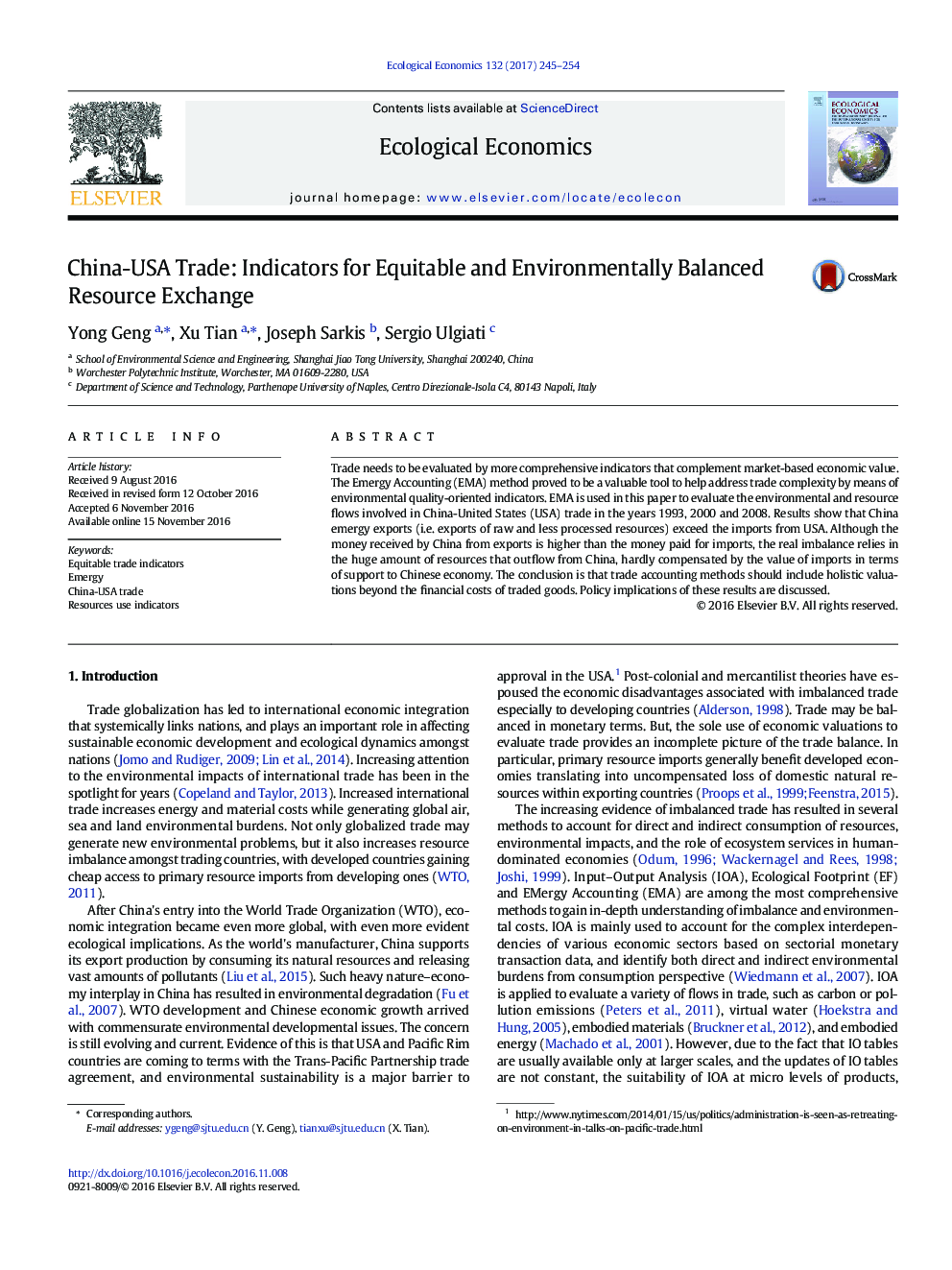 China-USA Trade: Indicators for Equitable and Environmentally Balanced Resource Exchange