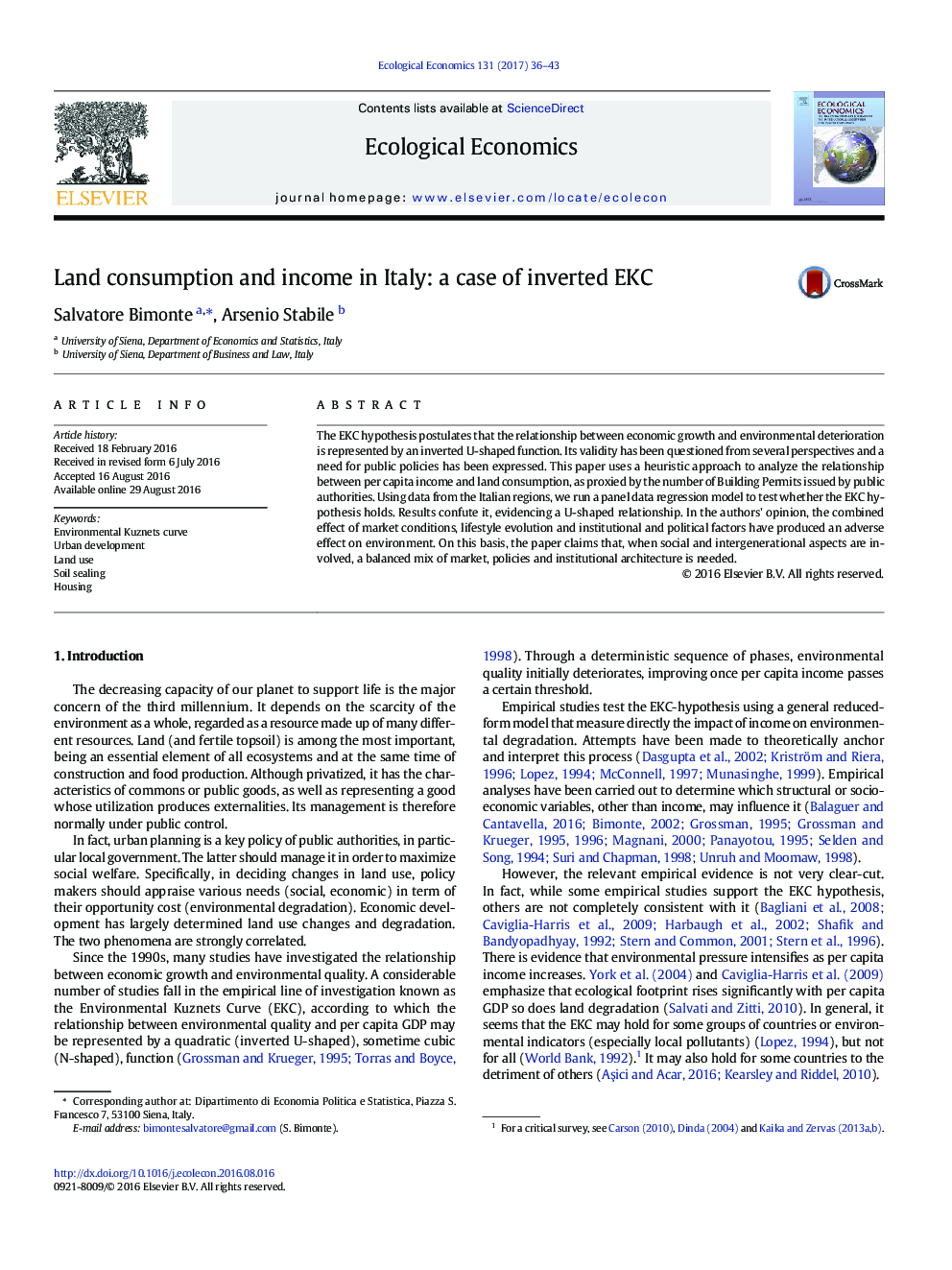 Land consumption and income in Italy: a case of inverted EKC