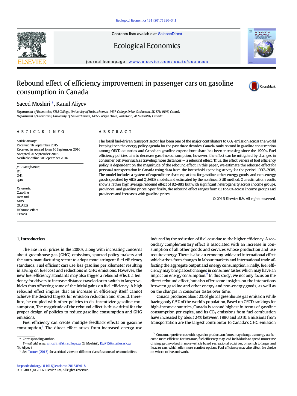 Rebound effect of efficiency improvement in passenger cars on gasoline consumption in Canada