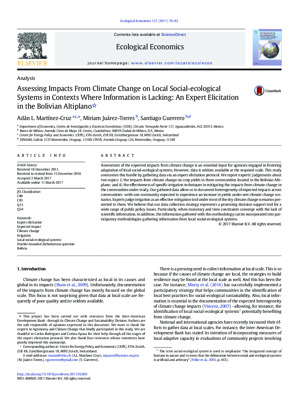 Assessing Impacts From Climate Change on Local Social-ecological Systems in Contexts Where Information is Lacking: An Expert Elicitation in the Bolivian Altiplano