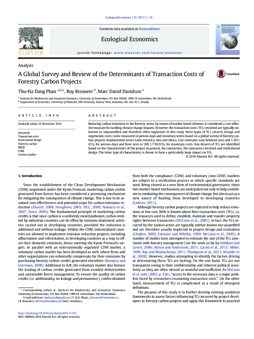 A Global Survey and Review of the Determinants of Transaction Costs of Forestry Carbon Projects