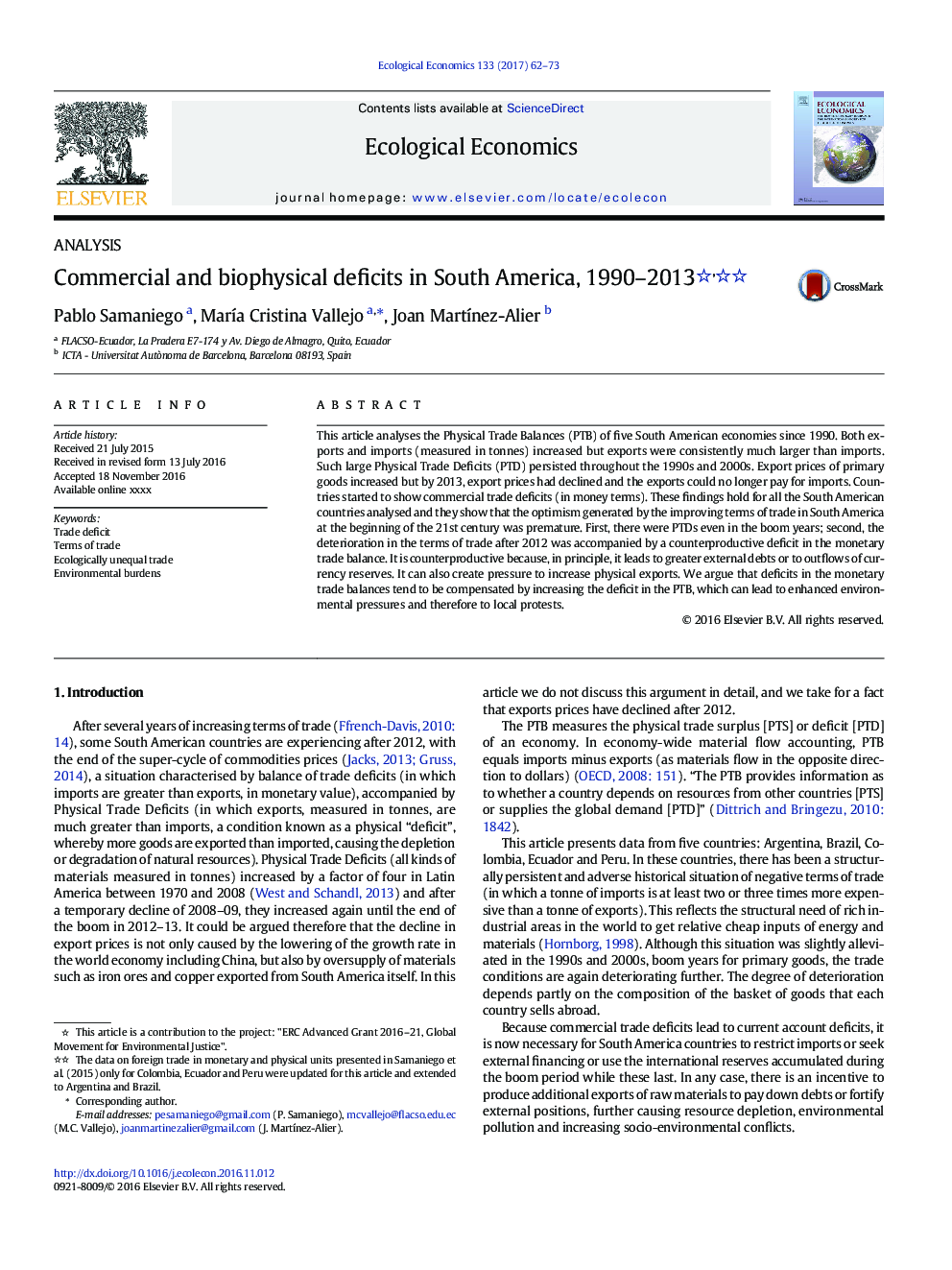 Commercial and biophysical deficits in South America, 1990-2013