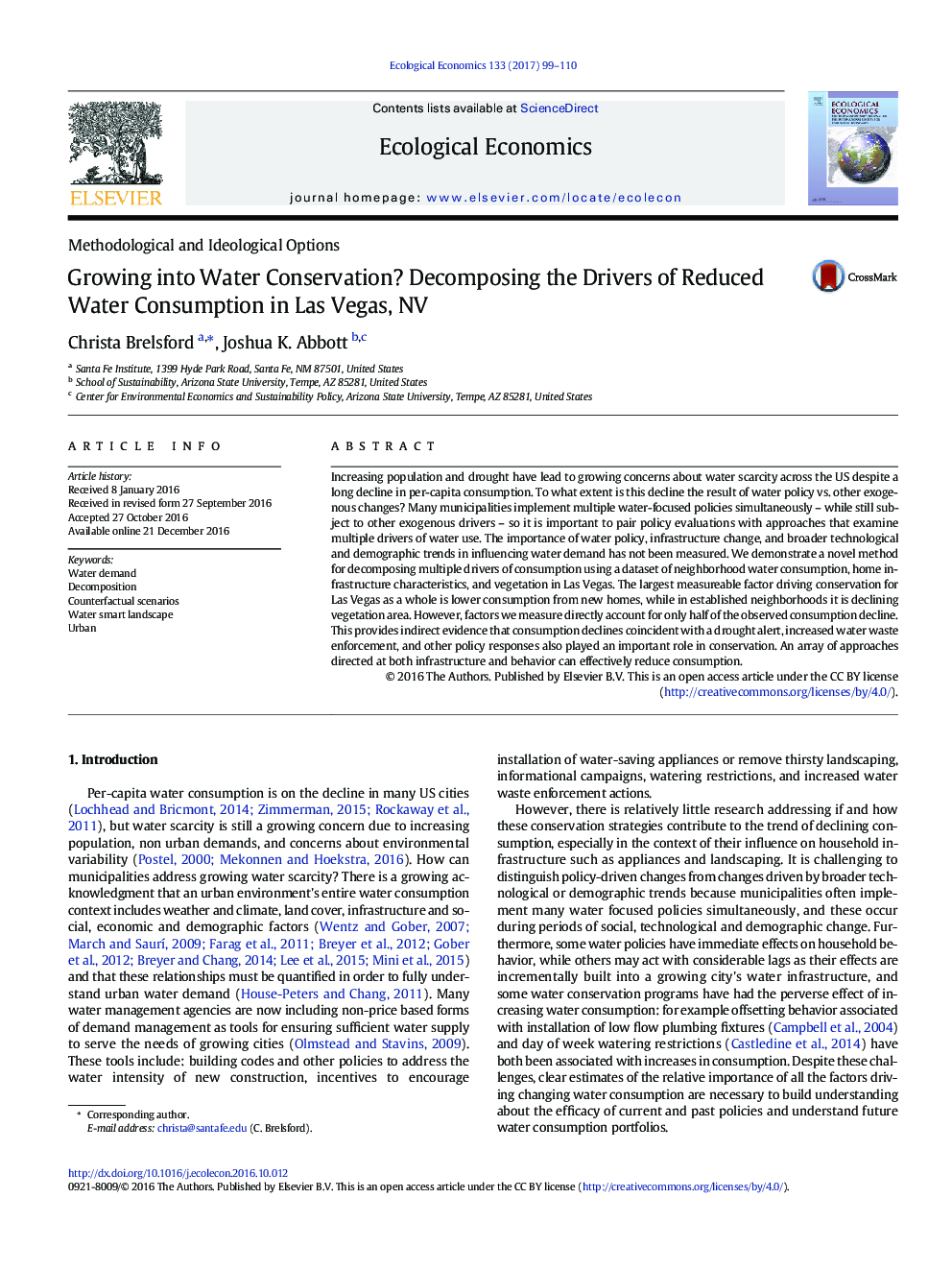 Growing into Water Conservation? Decomposing the Drivers of Reduced Water Consumption in Las Vegas, NV