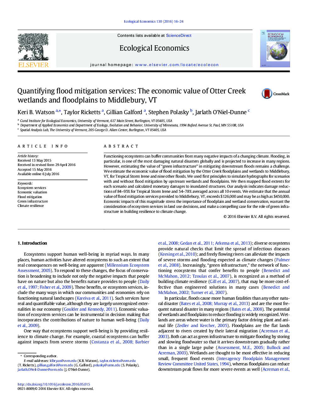 Quantifying flood mitigation services: The economic value of Otter Creek wetlands and floodplains to Middlebury, VT