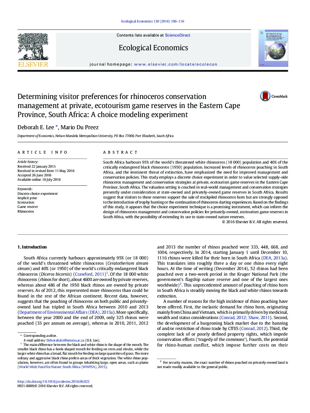 Determining visitor preferences for rhinoceros conservation management at private, ecotourism game reserves in the Eastern Cape Province, South Africa: A choice modeling experiment