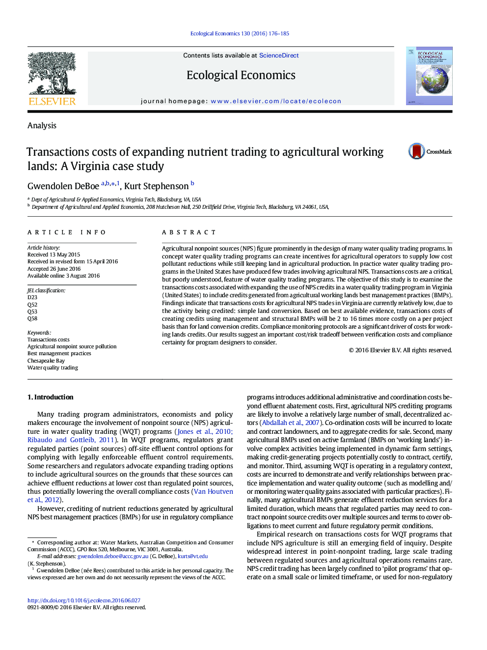 Transactions costs of expanding nutrient trading to agricultural working lands: A Virginia case study