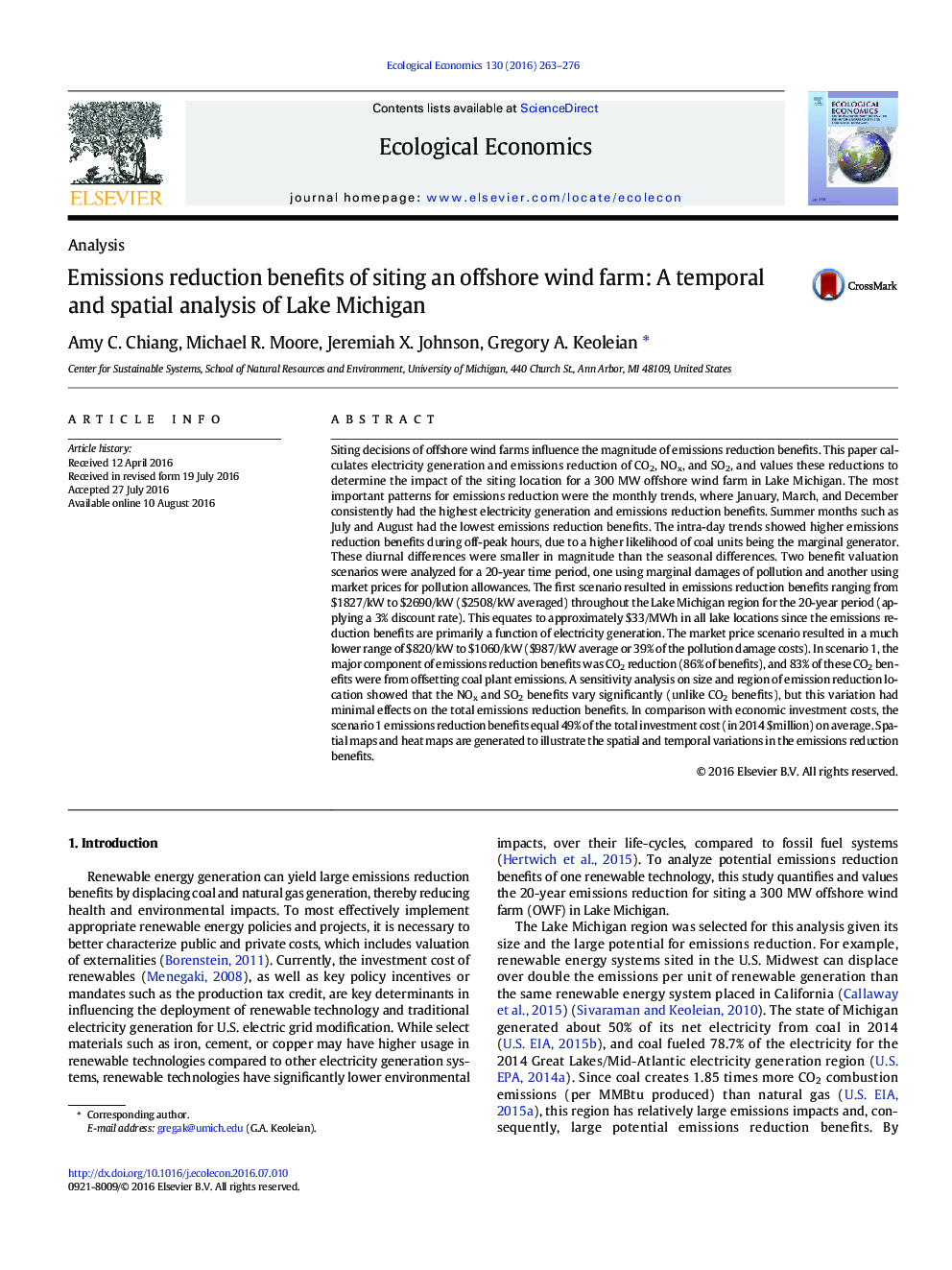 Emissions reduction benefits of siting an offshore wind farm: A temporal and spatial analysis of Lake Michigan
