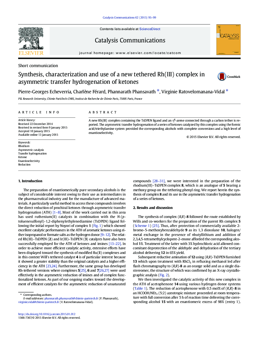 Synthesis, characterization and use of a new tethered Rh(III) complex in asymmetric transfer hydrogenation of ketones