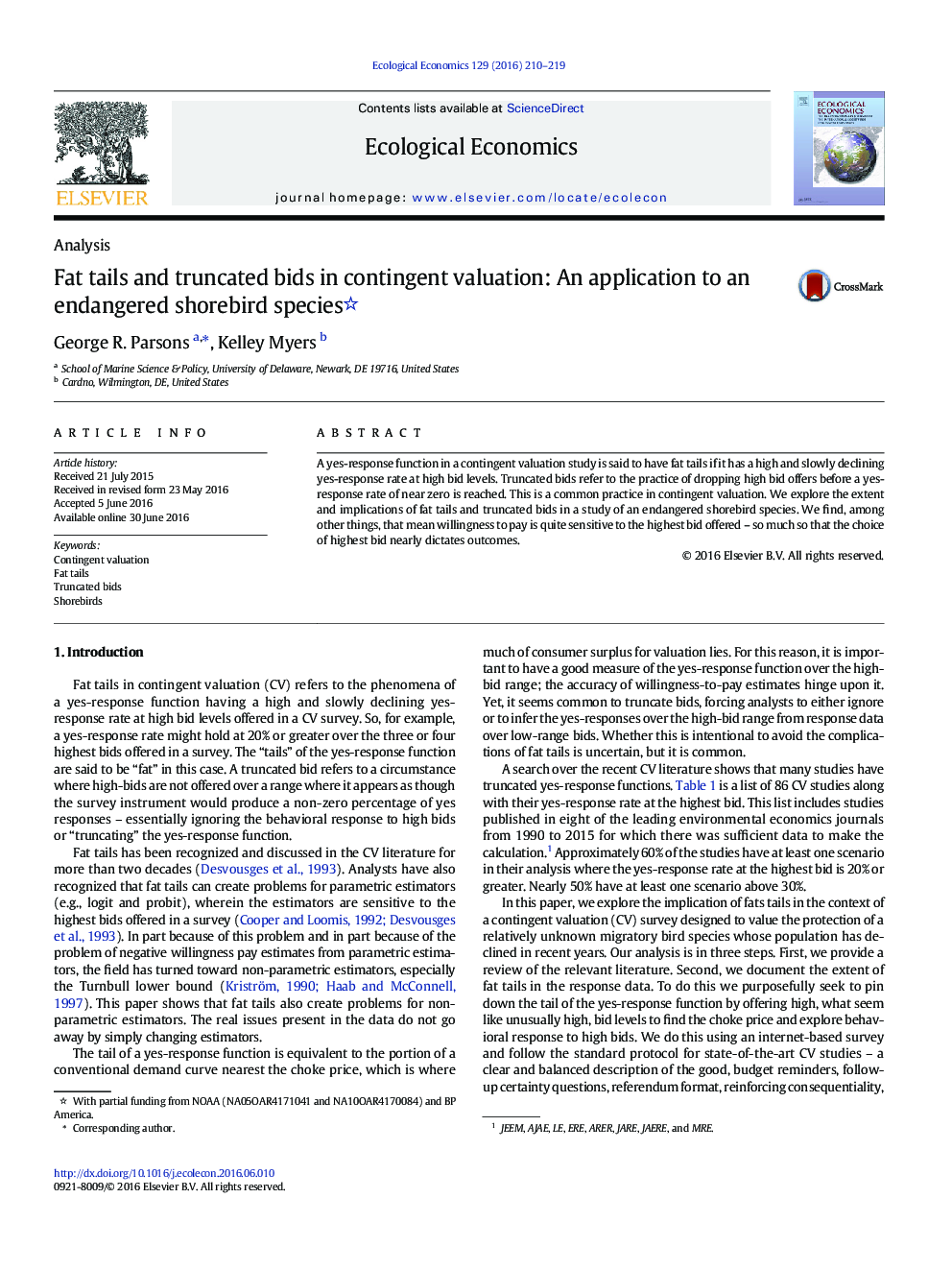 Fat tails and truncated bids in contingent valuation: An application to an endangered shorebird species