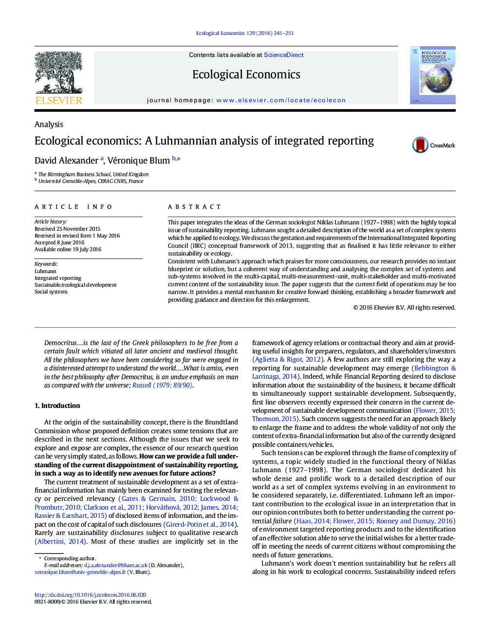 Ecological economics: A Luhmannian analysis of integrated reporting